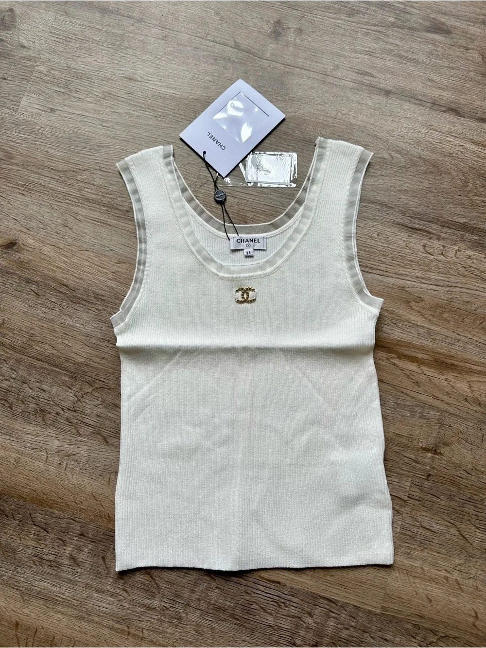 CHANEL Ivory Knit Tank Top with Gold CC Emblem